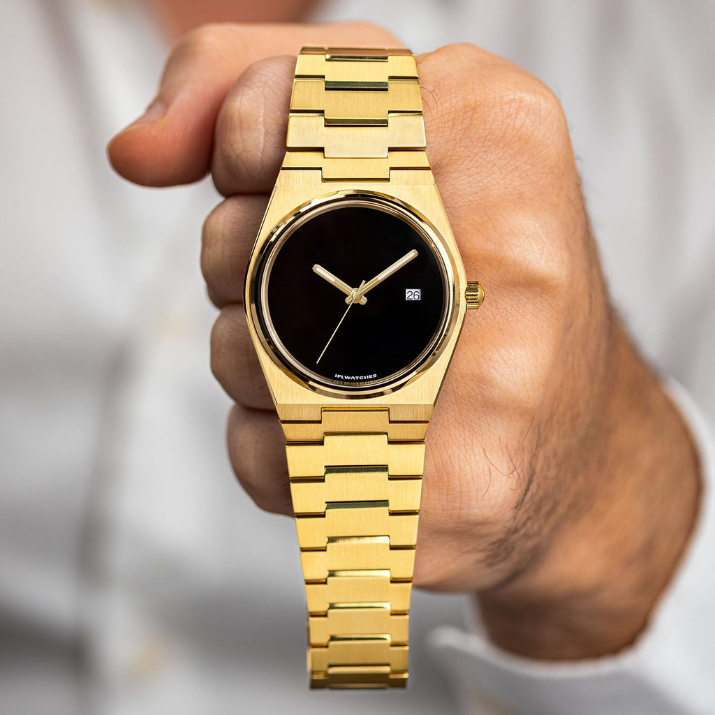 Onyx Gold Concept – Custom natural black onyx stone dial on gold-tone stainless steel watch, custom timepiece by IFL Watches