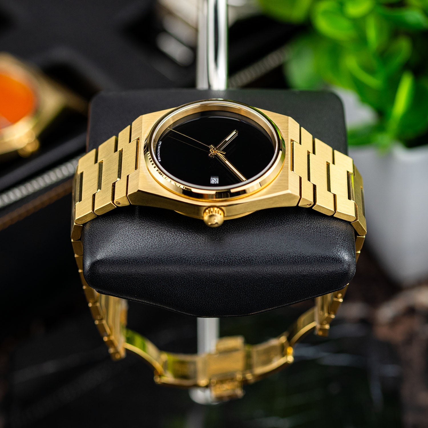 Onyx Gold Concept – Custom natural black onyx stone dial on gold-tone stainless steel watch, custom timepiece by IFL Watches