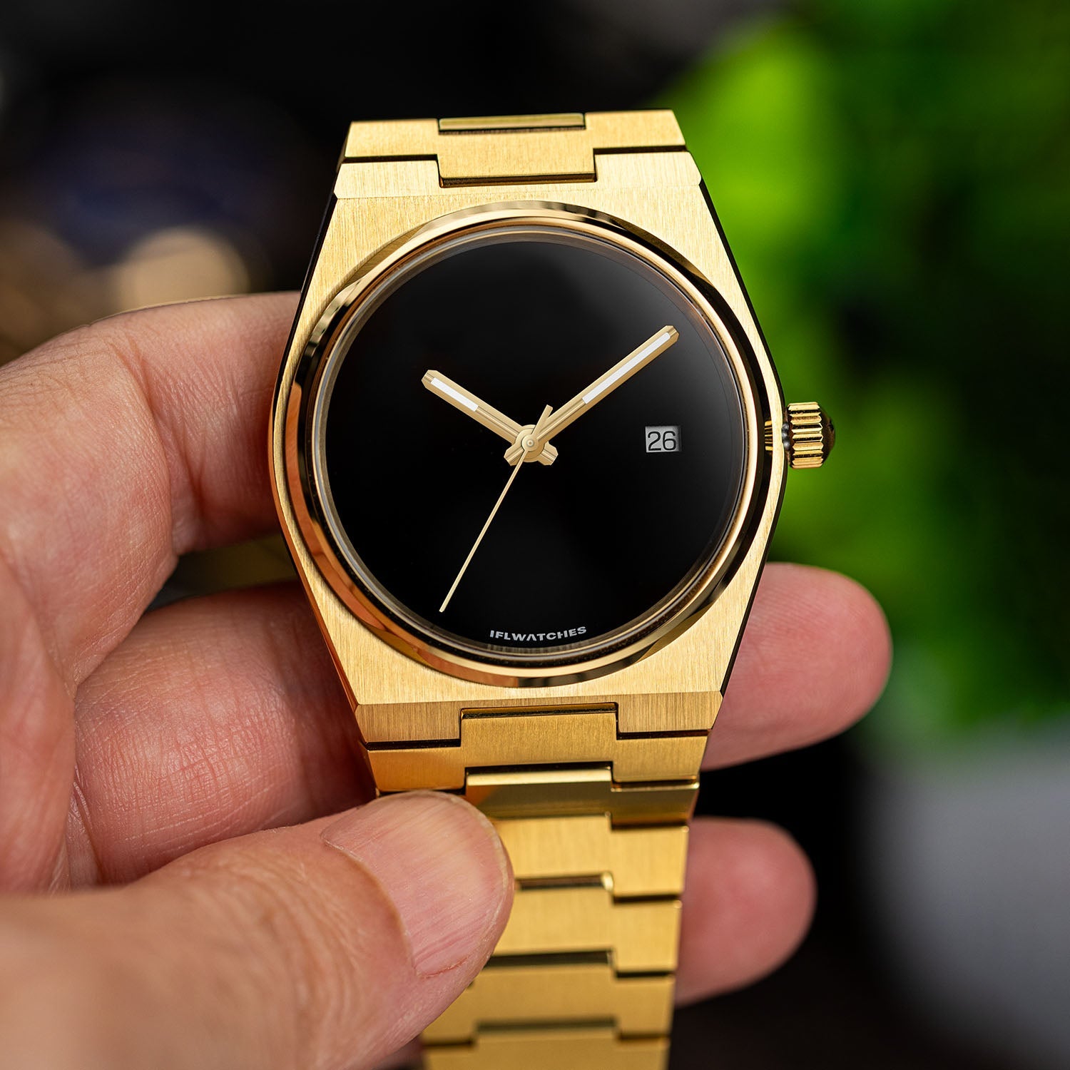 Onyx Gold Concept – Custom natural black onyx stone dial on gold-tone stainless steel watch, custom timepiece by IFL Watches
