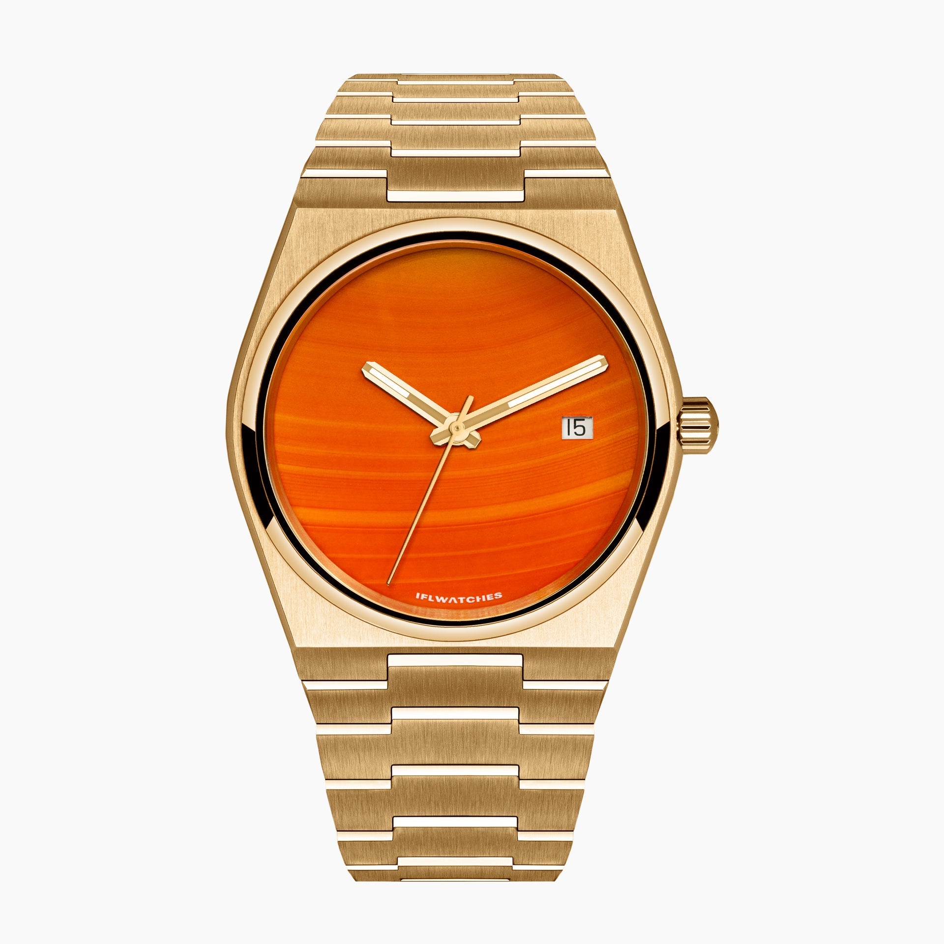 Red Agate Gold Concept – Custom natural red agate stone dial on gold-tone stainless steel watch, bespoke timepiece by IFL Watches