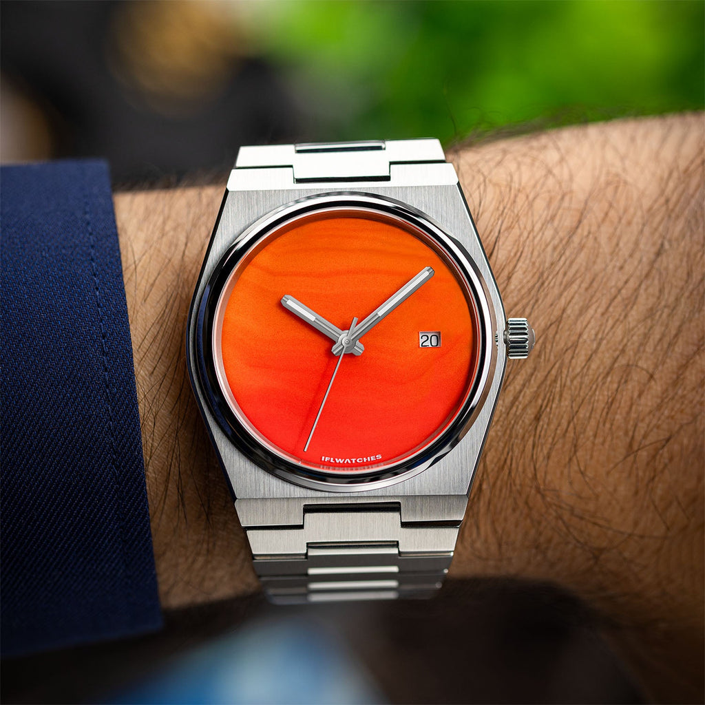 Red Agate Steel Concept – Custom natural red agate stone dial on stainless steel watch, bespoke timepiece by IFL Watches