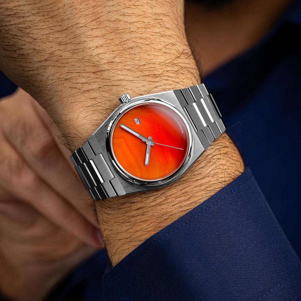 Red Agate Steel Concept – Custom natural red agate stone dial on stainless steel watch, bespoke timepiece by IFL Watches