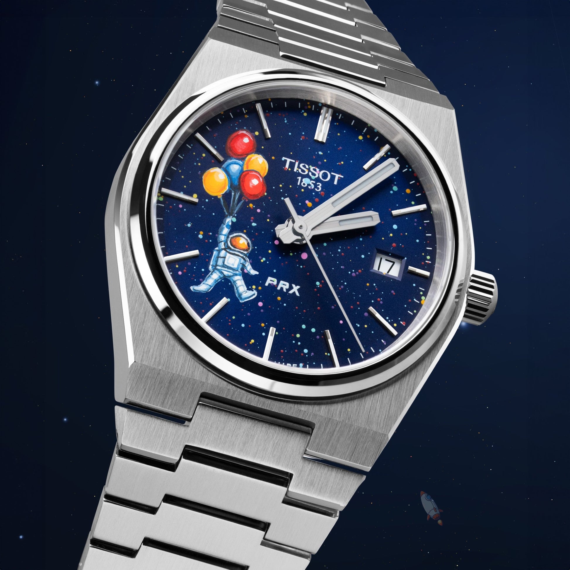 PRX Spaceman Concept – hand-painted custom Tissot PRX 35mm watch with playful astronaut and balloon artwork, limited edition by IFL Watches.