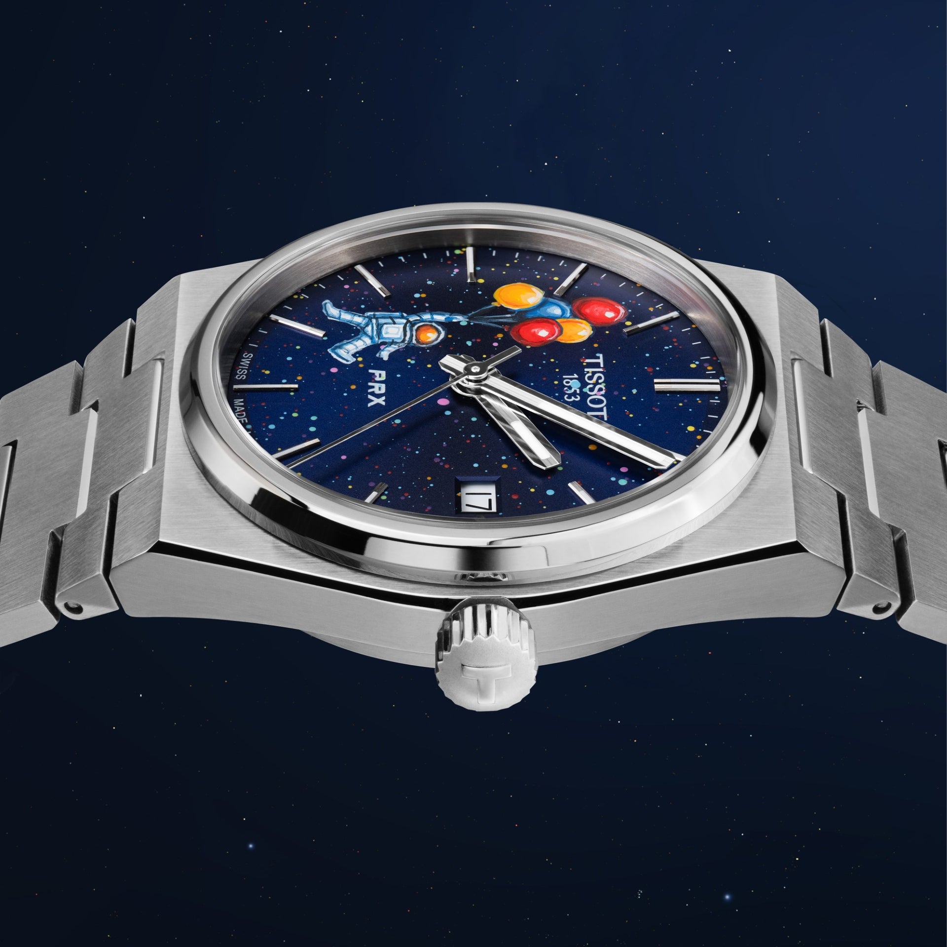 PRX Spaceman Concept – hand-painted custom Tissot PRX 35mm watch with playful astronaut and balloon artwork, limited edition by IFL Watches.