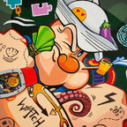 The Coollector Box — detail view of the hand-painted cartoon sailor with tattoos referencing Koi Fish, Where Is My Money, Puzzle, and more, bespoke accessory by IFL Watches.