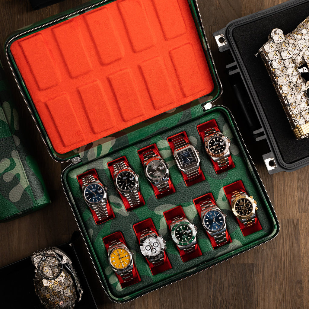 The Coollector Box — top-down view of the open watch case showing ten watches set into the Alcantara interior, bespoke accessory by IFL Watches.
