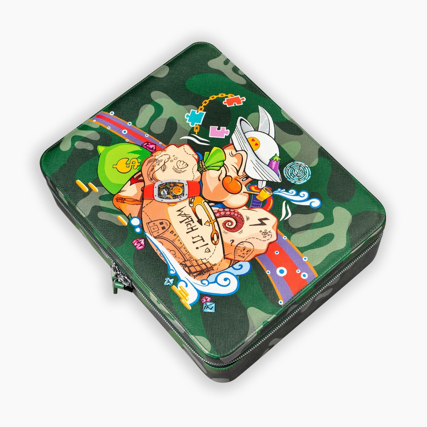 The Coollector Box — hand-painted Saffiano leather watch case featuring a cartoon sailor inked with IFL's signature artworks across a green camo backdrop, bespoke accessory by IFL Watches.