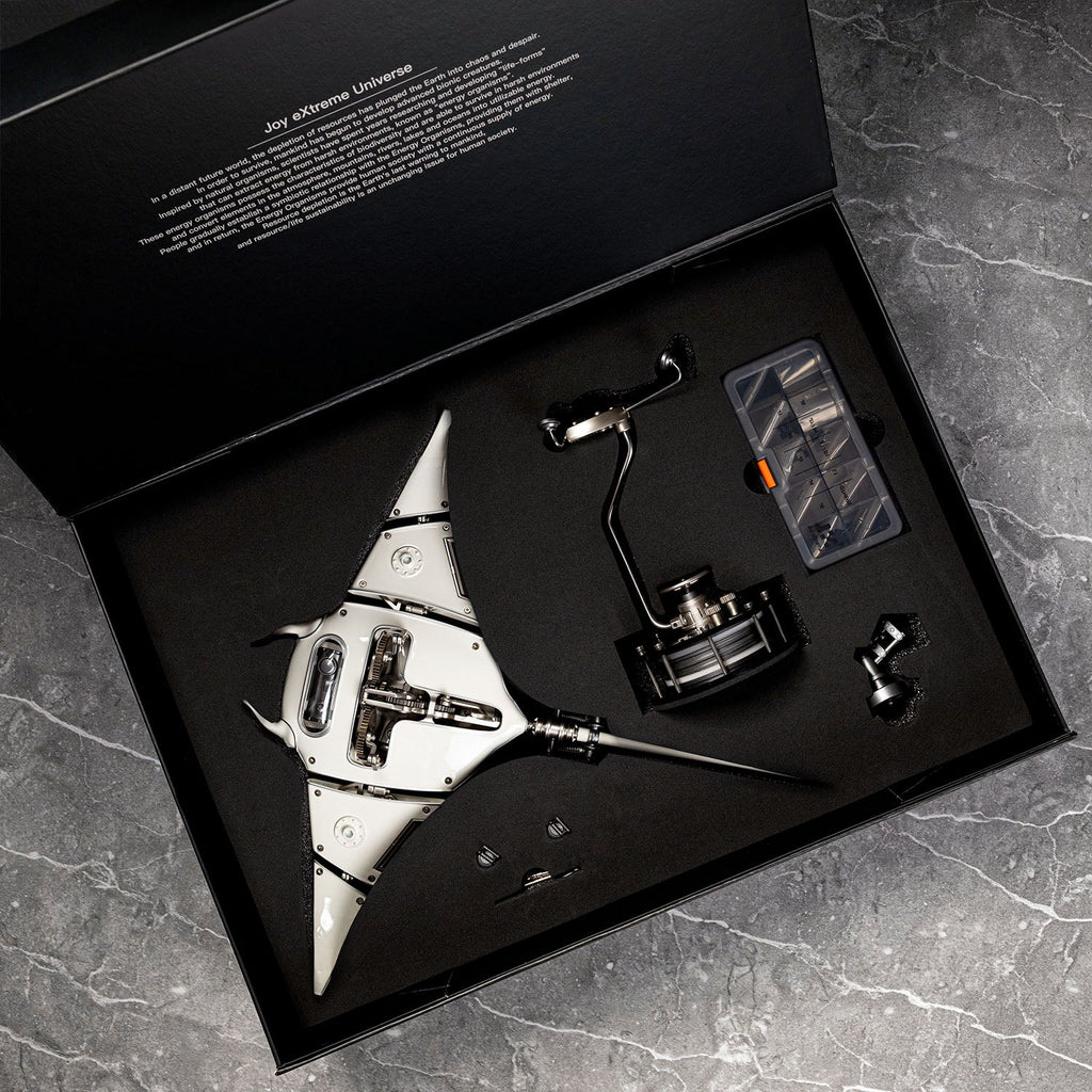 Mecha Ray White — the pre-assembled version in its presentation case with stand column and parts tray, motorised metal sculpture by IFL Watches.