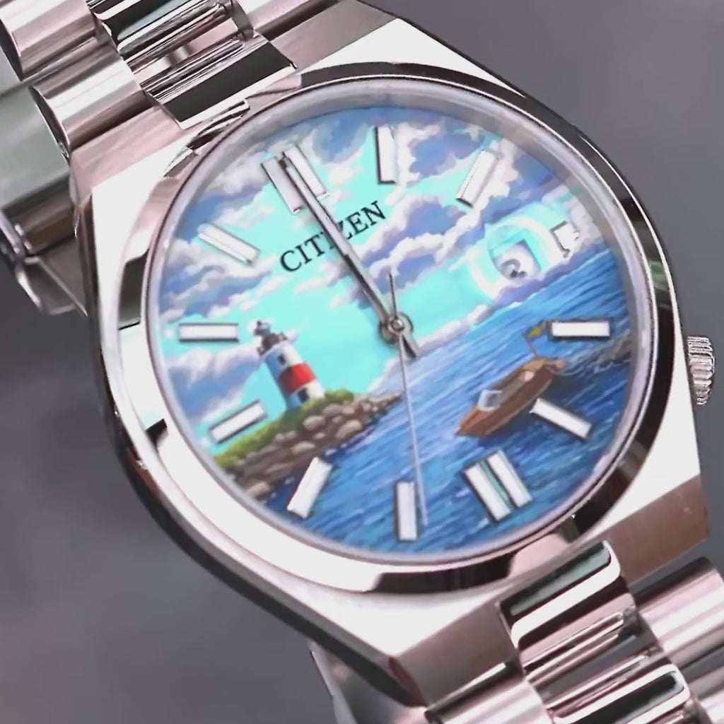 Citizen Tsuyosa Automatic - Archipelago Concept, featuring a hand-painted custom dial inspired by Sweden with serene coastal landscapes, including tranquil waters and picturesque islands.