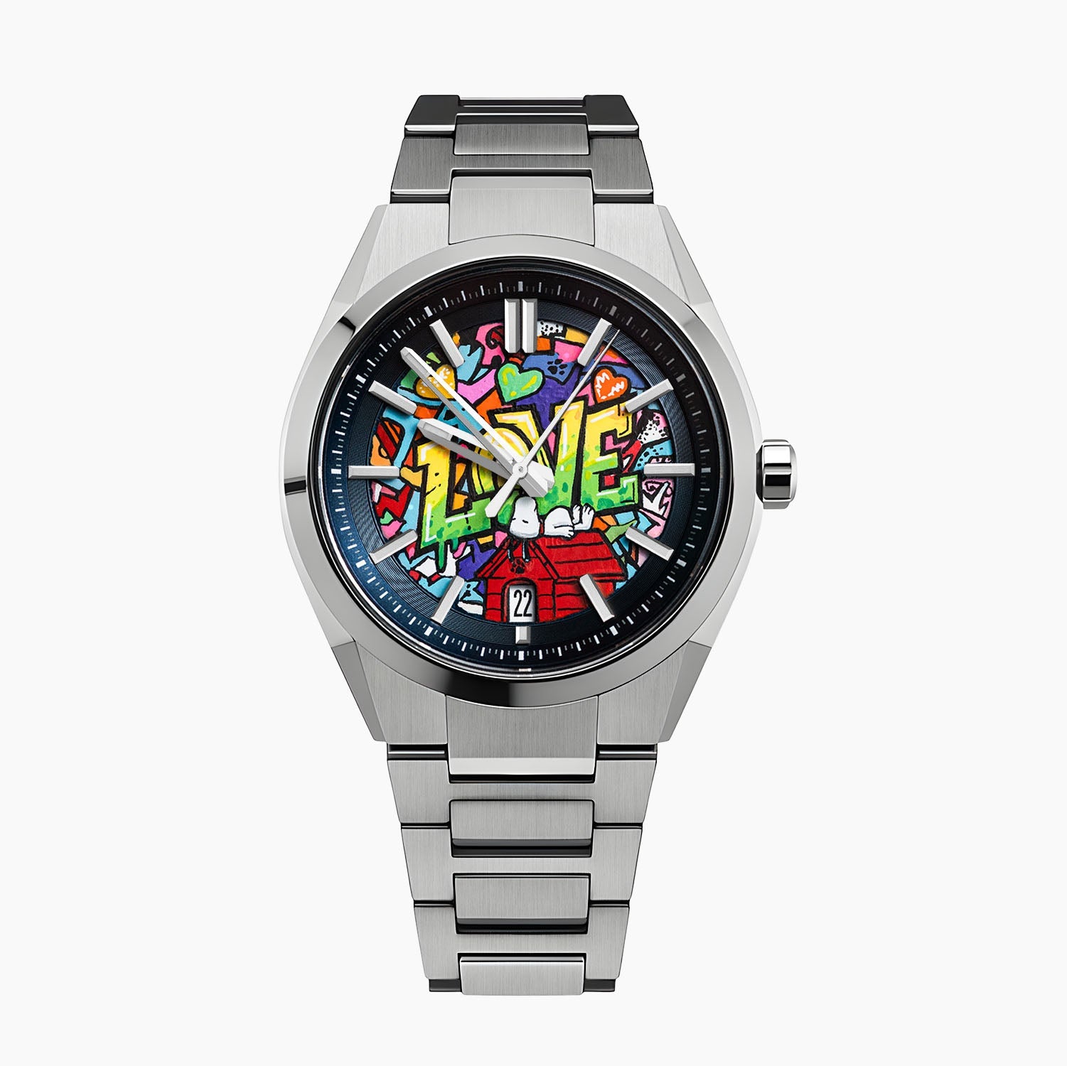 Casio Edifice Urban Dreams — Hand-painted custom Casio Edifice featuring the world's most famous beagle dreaming on his red doghouse surrounded by bold graffiti LOVE lettering and colorful street art on a 39mm automatic, a bespoke timepiece by IFL Watches